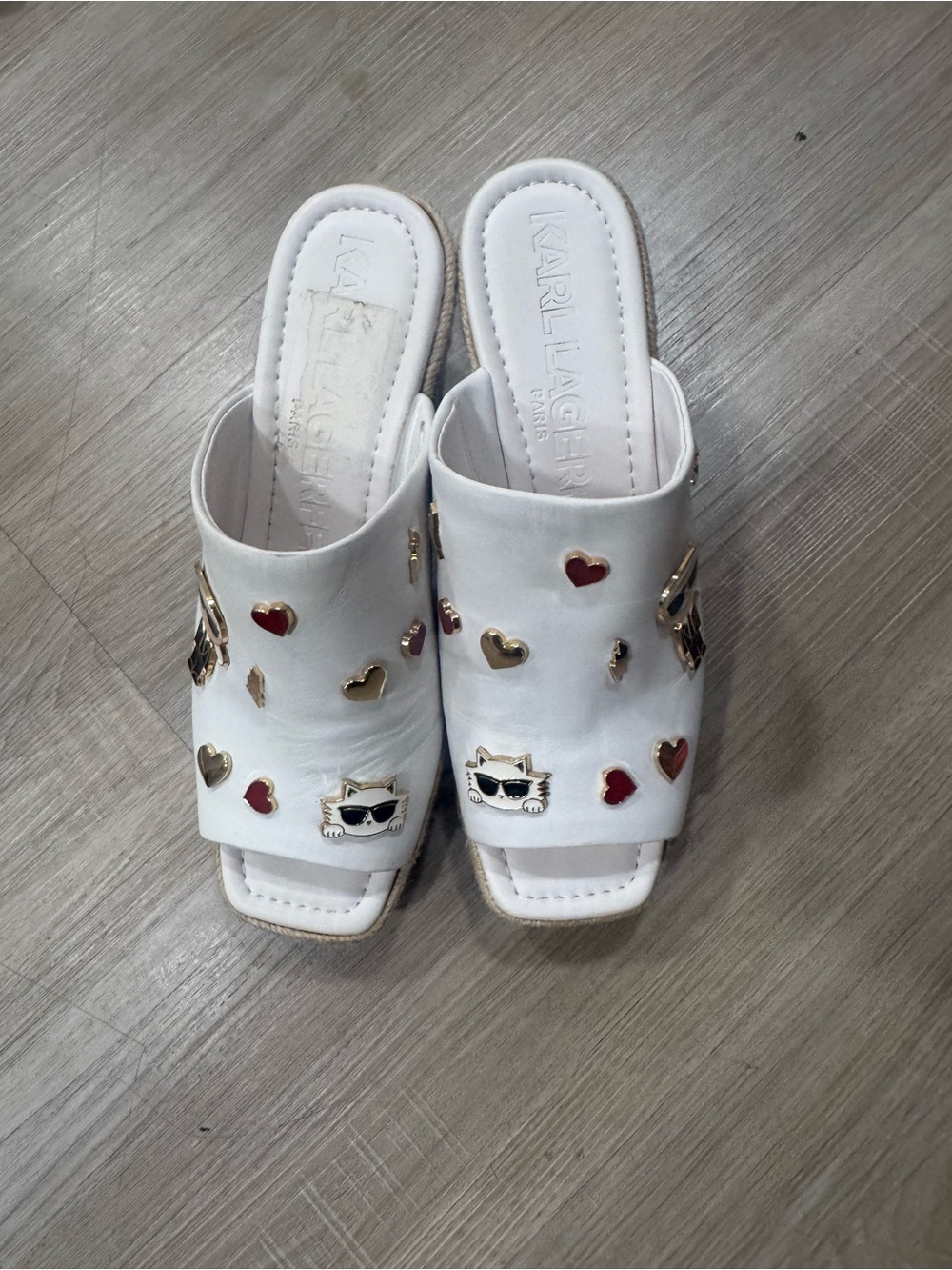 Karl Lagerfeld White Slide Mules with Heart & Cat Charms
